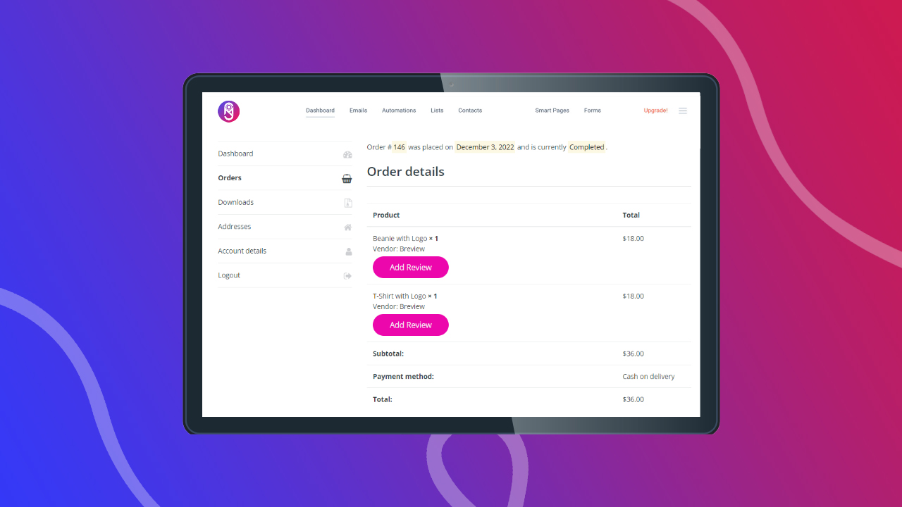Add review from WooCommerce order page using Breview Pro plugin